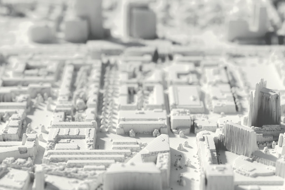 Nahaufnahme der 3D-gedruckten Karte von Almere, mit sichtbaren Druckschichten (3D-Rendering)