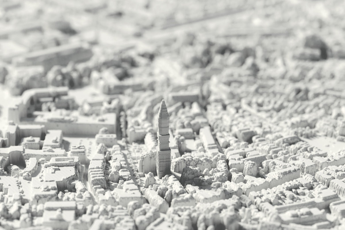 Nahaufnahme der 3D-gedruckten Karte von Amersfoort, mit sichtbaren Druckschichten (3D-Rendering)