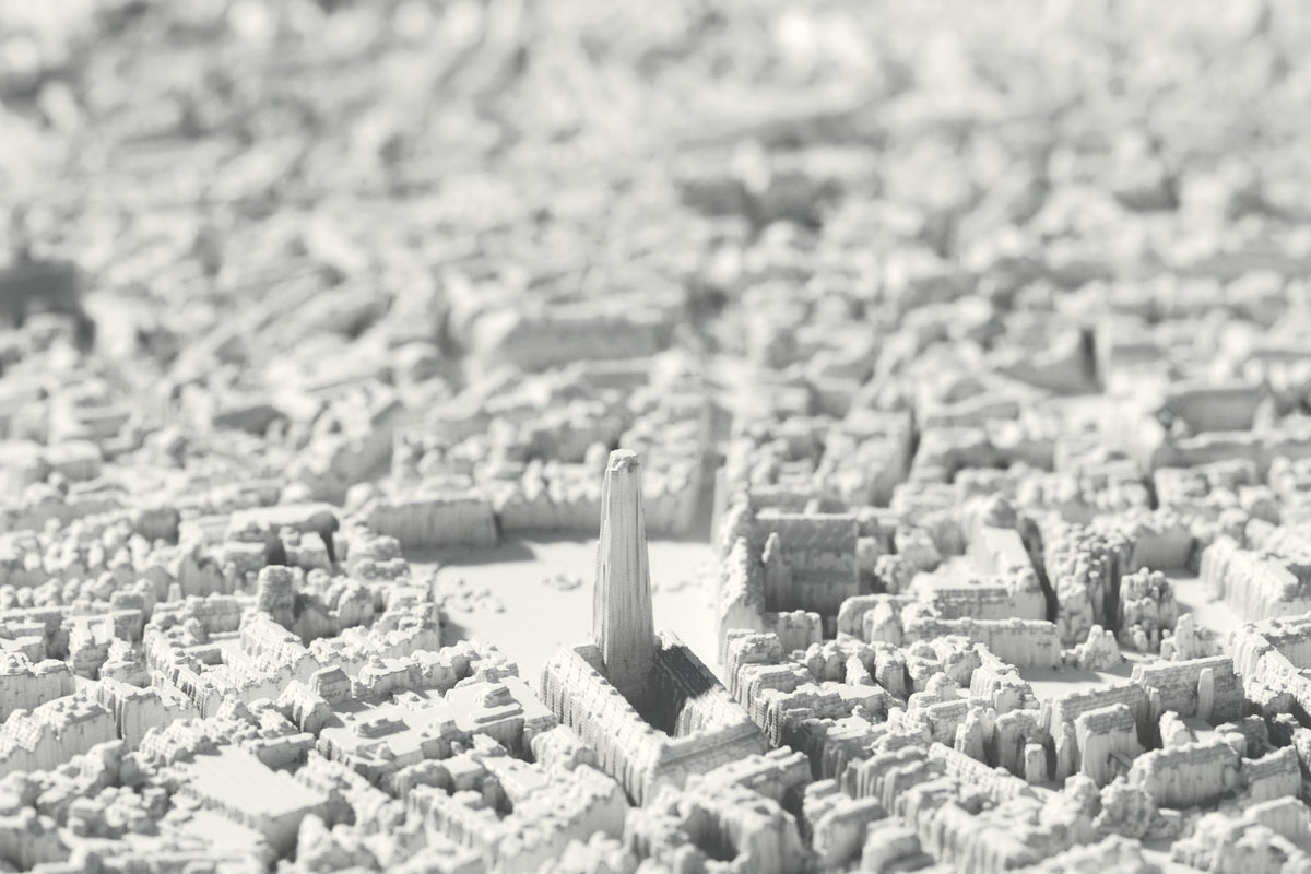 Nahaufnahme der 3D-gedruckten Karte von Brugge, mit sichtbaren Druckschichten (3D-Rendering)