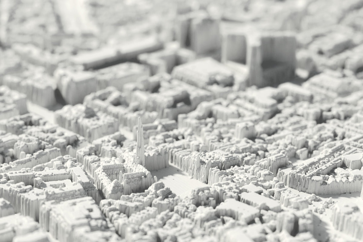 Nahaufnahme der 3D-gedruckten Karte von Brussel, mit sichtbaren Druckschichten (3D-Rendering)