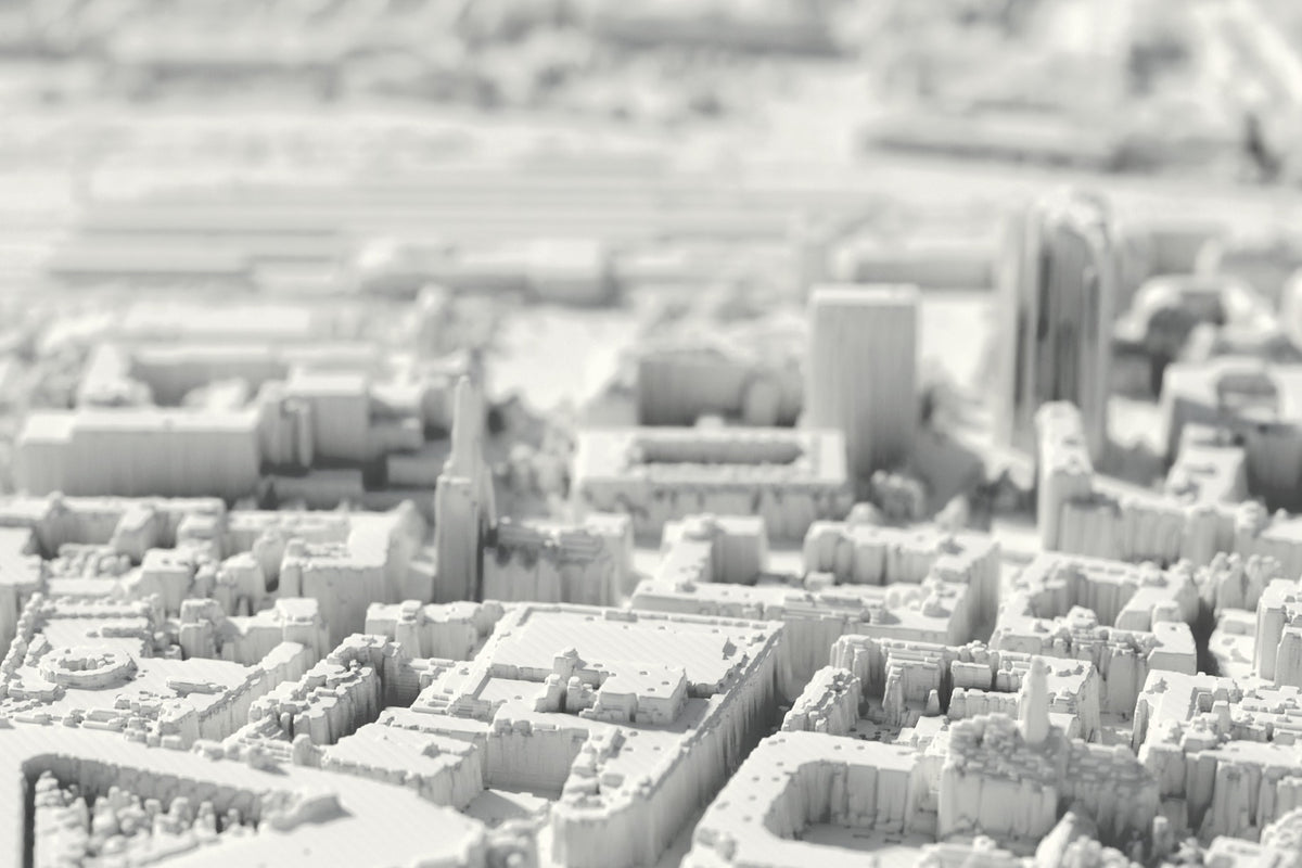 Nahaufnahme der 3D-gedruckten Karte von Dortmund, mit sichtbaren Druckschichten (3D-Rendering)