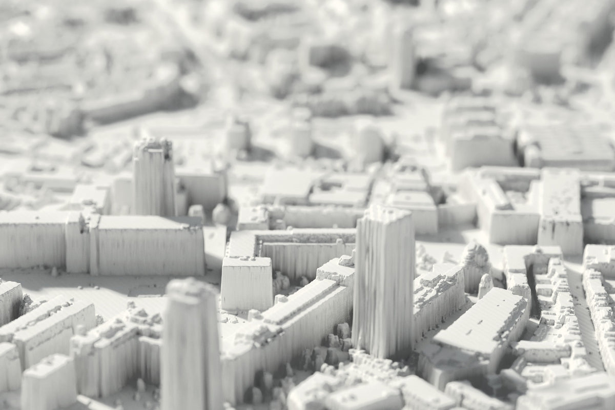 Nahaufnahme der 3D-gedruckten Karte von Eindhoven, mit sichtbaren Druckschichten (3D-Rendering)