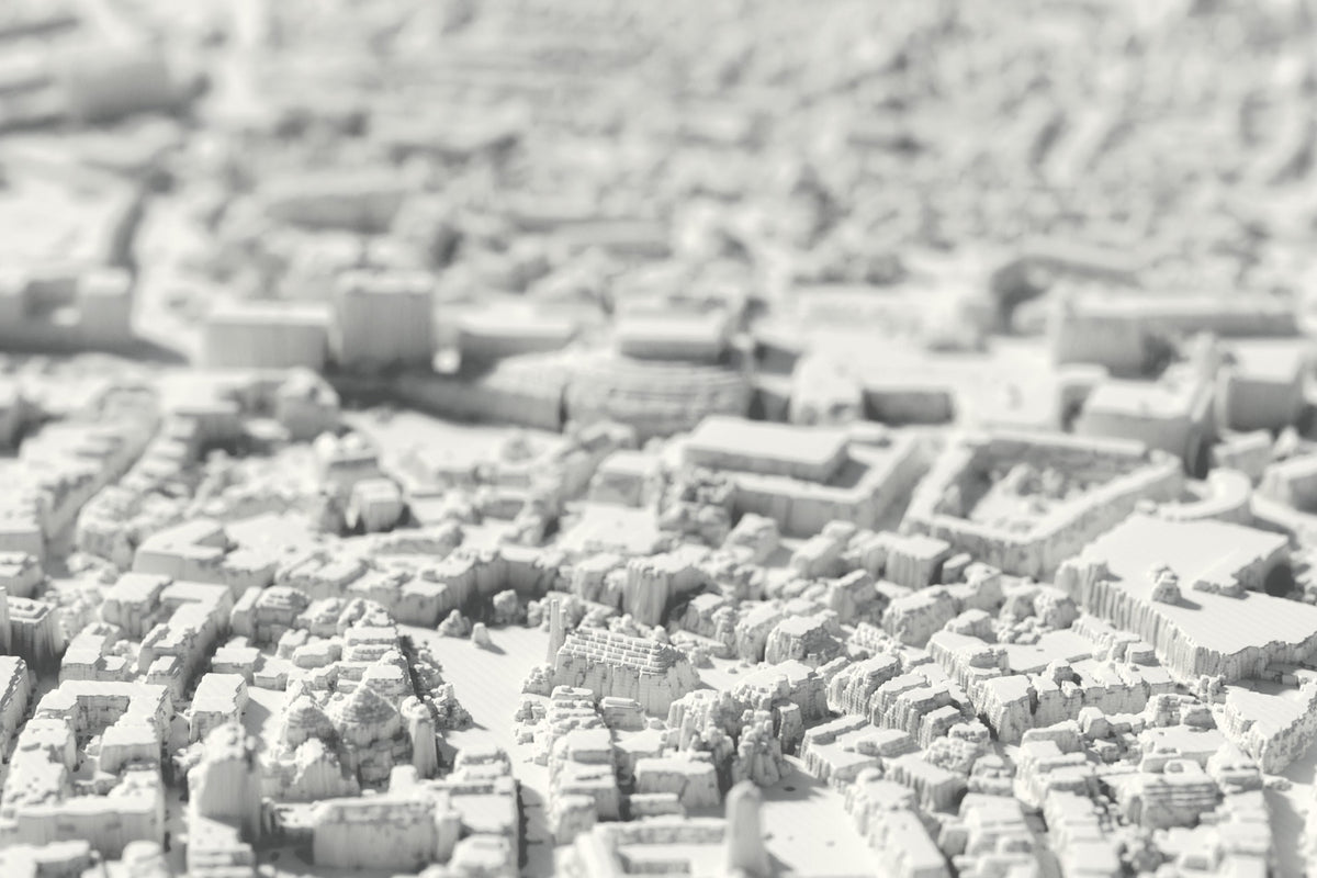 Nahaufnahme der 3D-gedruckten Karte von Enschede, mit sichtbaren Druckschichten (3D-Rendering)