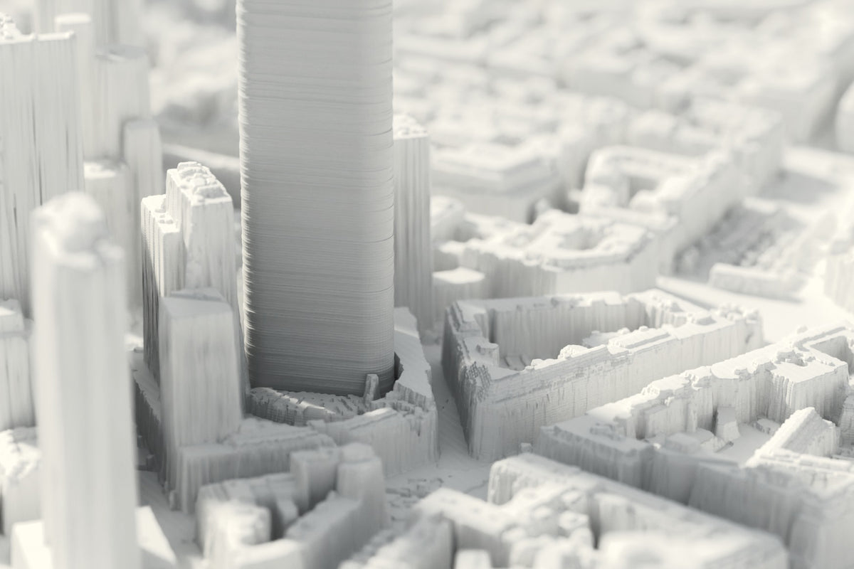 Nahaufnahme der 3D-gedruckten Karte von Frankfurt am Main, mit sichtbaren Druckschichten (3D-Rendering)