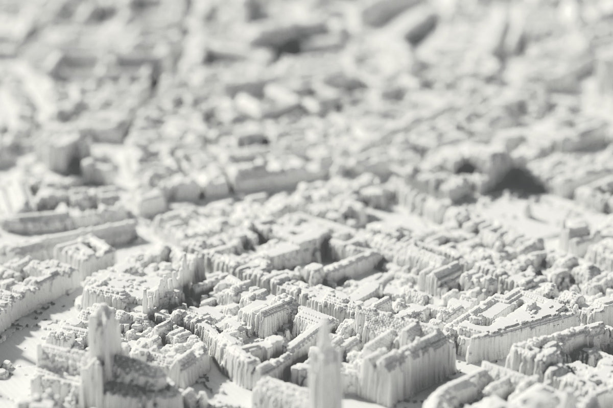 Nahaufnahme der 3D-gedruckten Karte von Gent, mit sichtbaren Druckschichten (3D-Rendering)