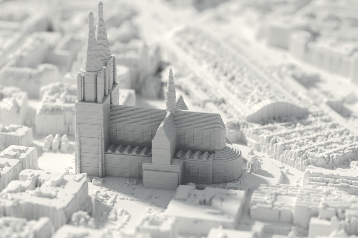 Nahaufnahme der 3D-gedruckten Karte von Keulen, mit sichtbaren Druckschichten (3D-Rendering)