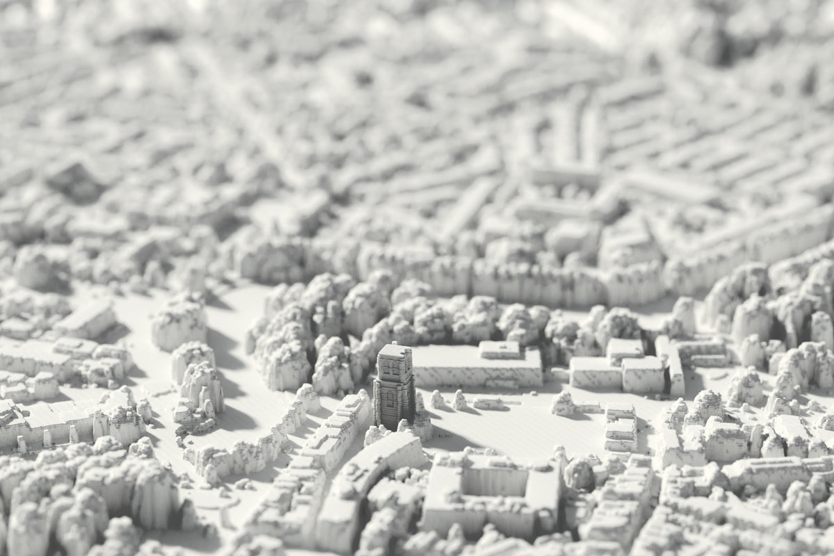 Close-up of the 3D-printed map of Leeuwarden, with visible print layers (3D render)