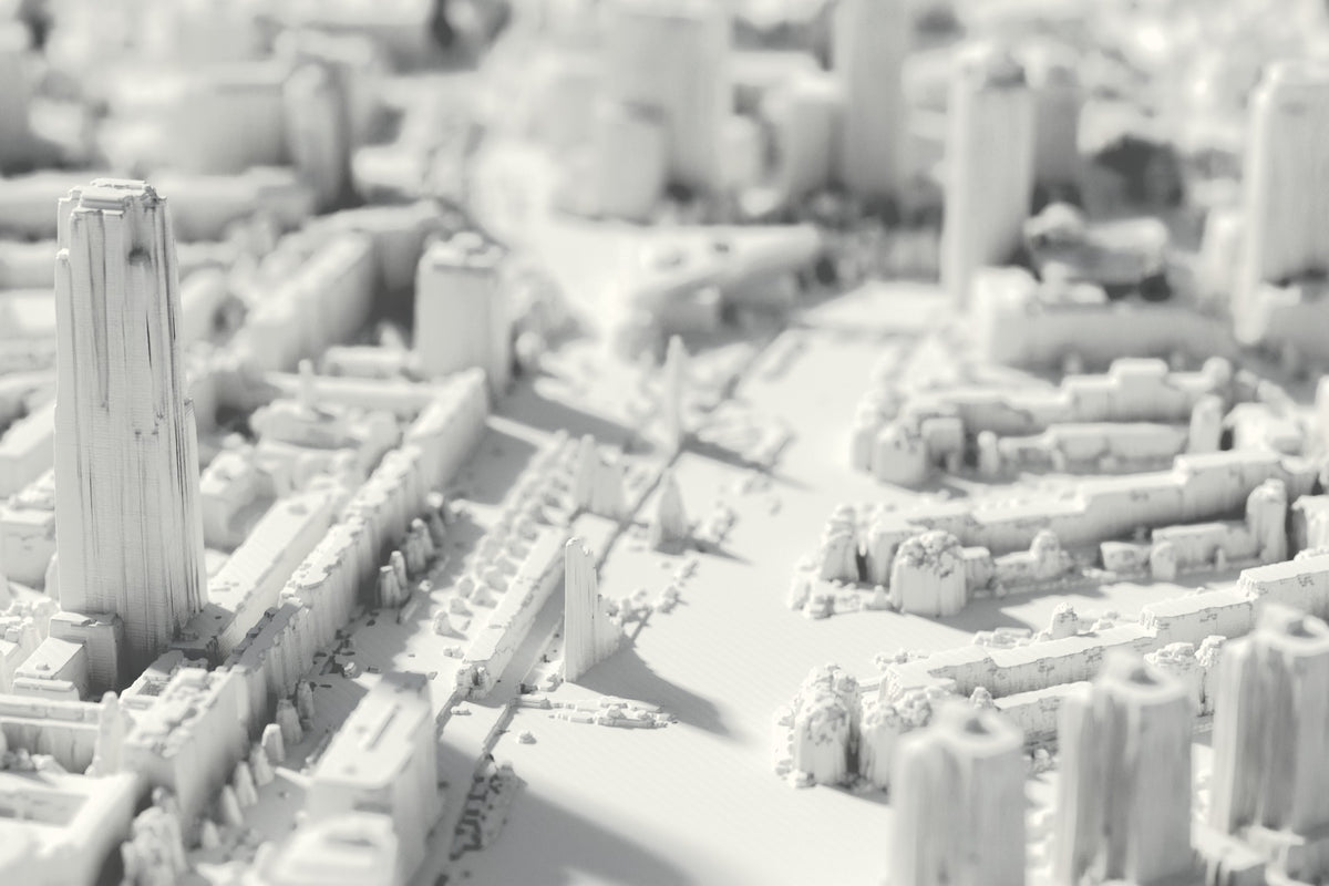 Close-up of the 3D-printed map of Rotterdam, with visible print layers (3D render)
