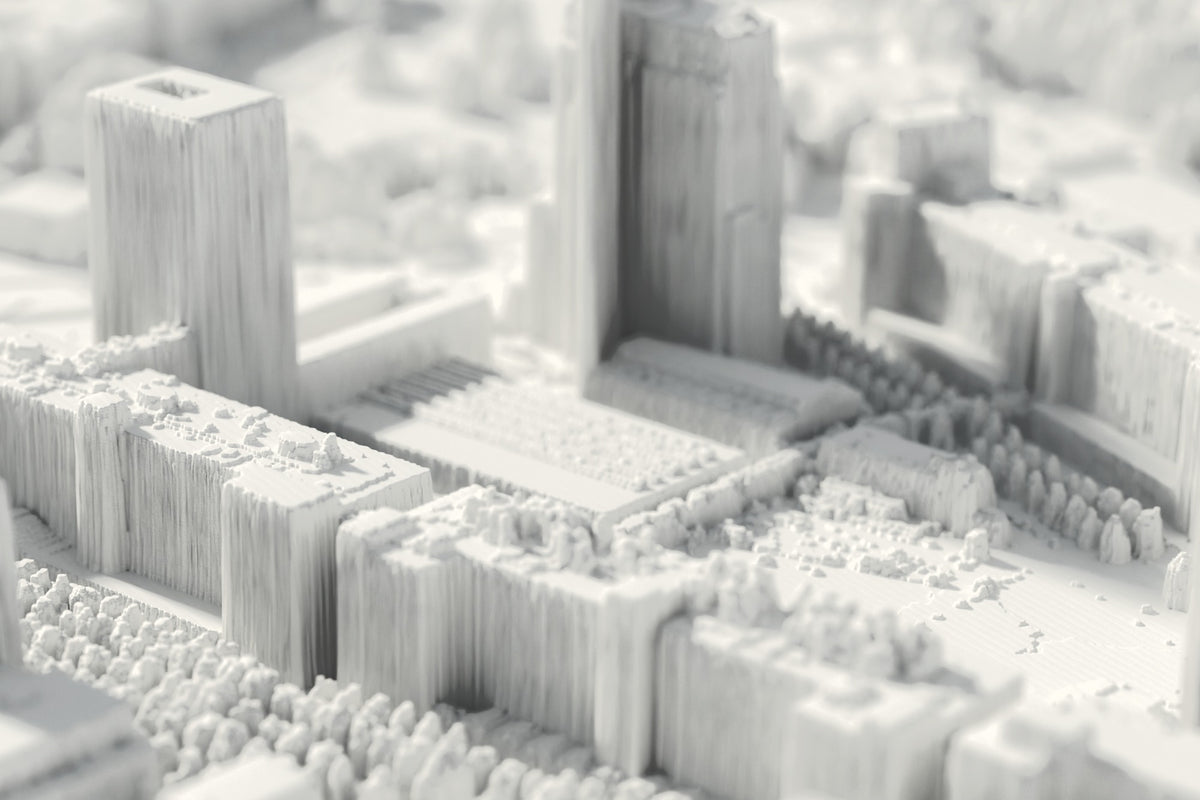 Close-up of the 3D-printed map of Strijp-S, with visible print layers (3D render)