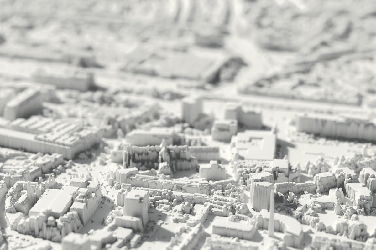 Nahaufnahme der 3D-gedruckten Karte von Tilburg, mit sichtbaren Druckschichten (3D-Rendering)