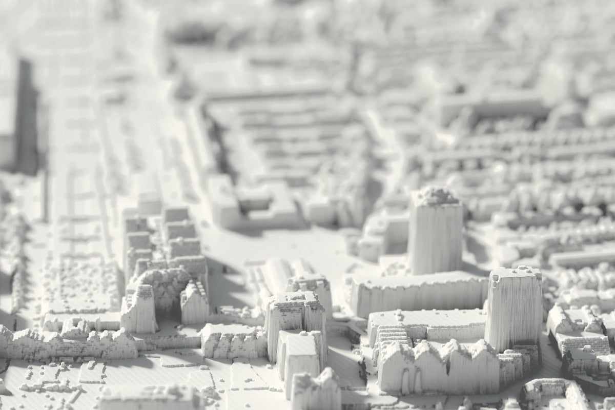 Nahaufnahme der 3D-gedruckten Karte von Zaandam, mit sichtbaren Druckschichten (3D-Rendering)