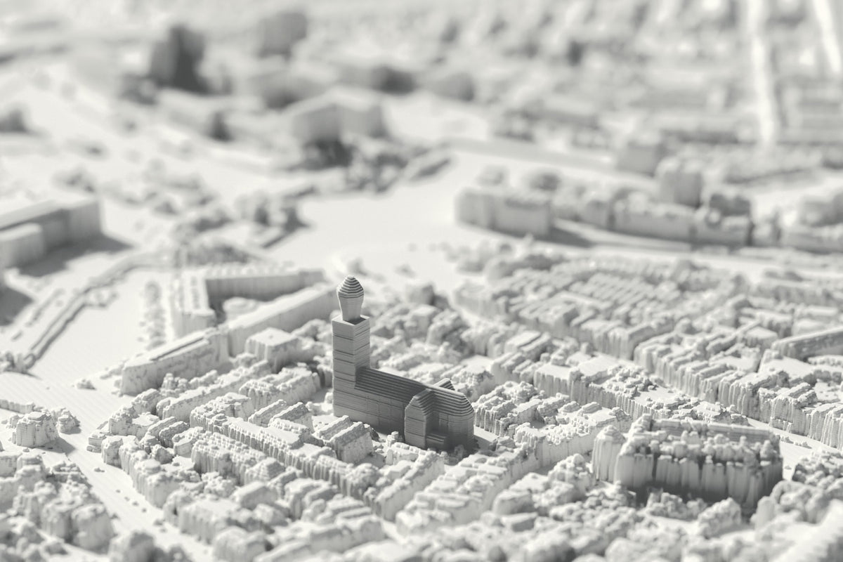 Nahaufnahme der 3D-gedruckten Karte von Zwolle, mit sichtbaren Druckschichten (3D-Rendering)